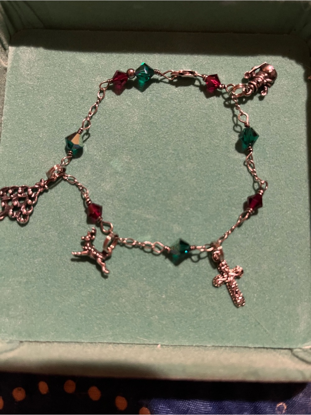 Silver Charm Bracelet with Red and Green Beads